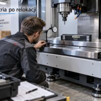 Ilustracja AI: technik sprawdza geometrię obrabiarki CNC po relokacji.